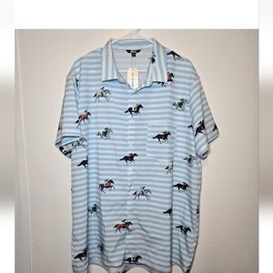 Men's XXL Light Blue Striped Short-Sleeve Shirt with Equestrian Kentucky Derby